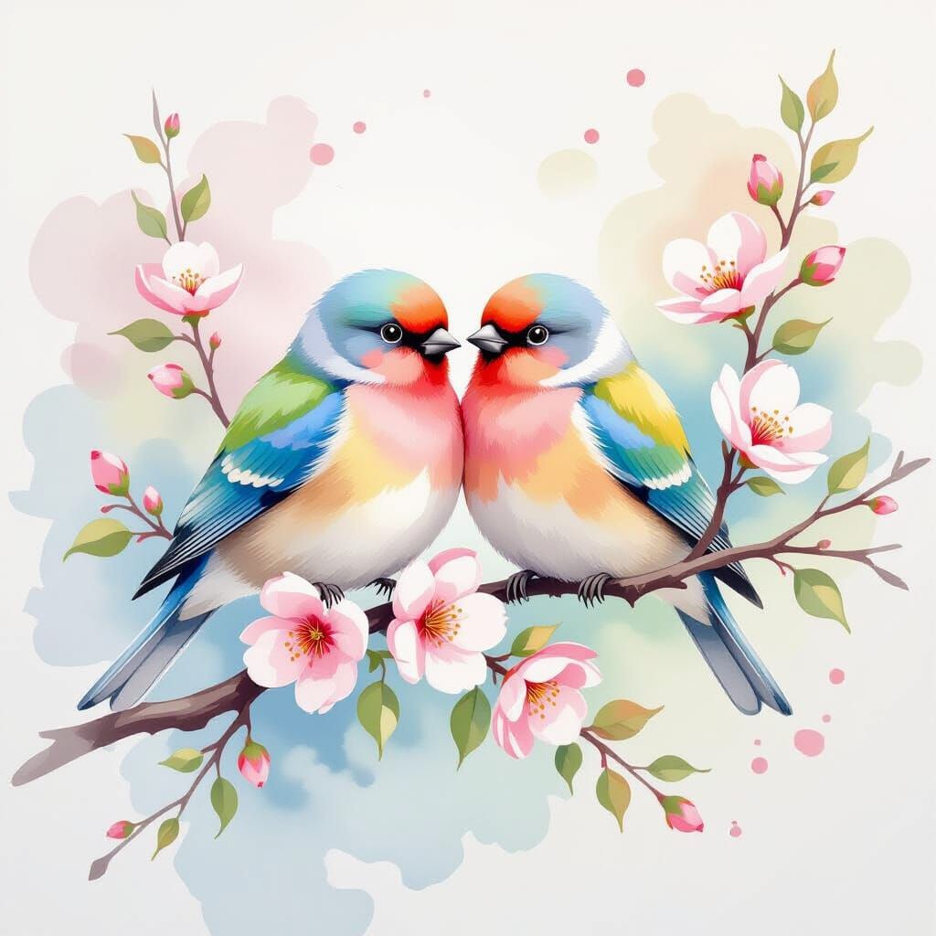 A tender painting shows a pair of pastel lovebirds nestled on a flowering branch. The artwork blends watercolour techniq...