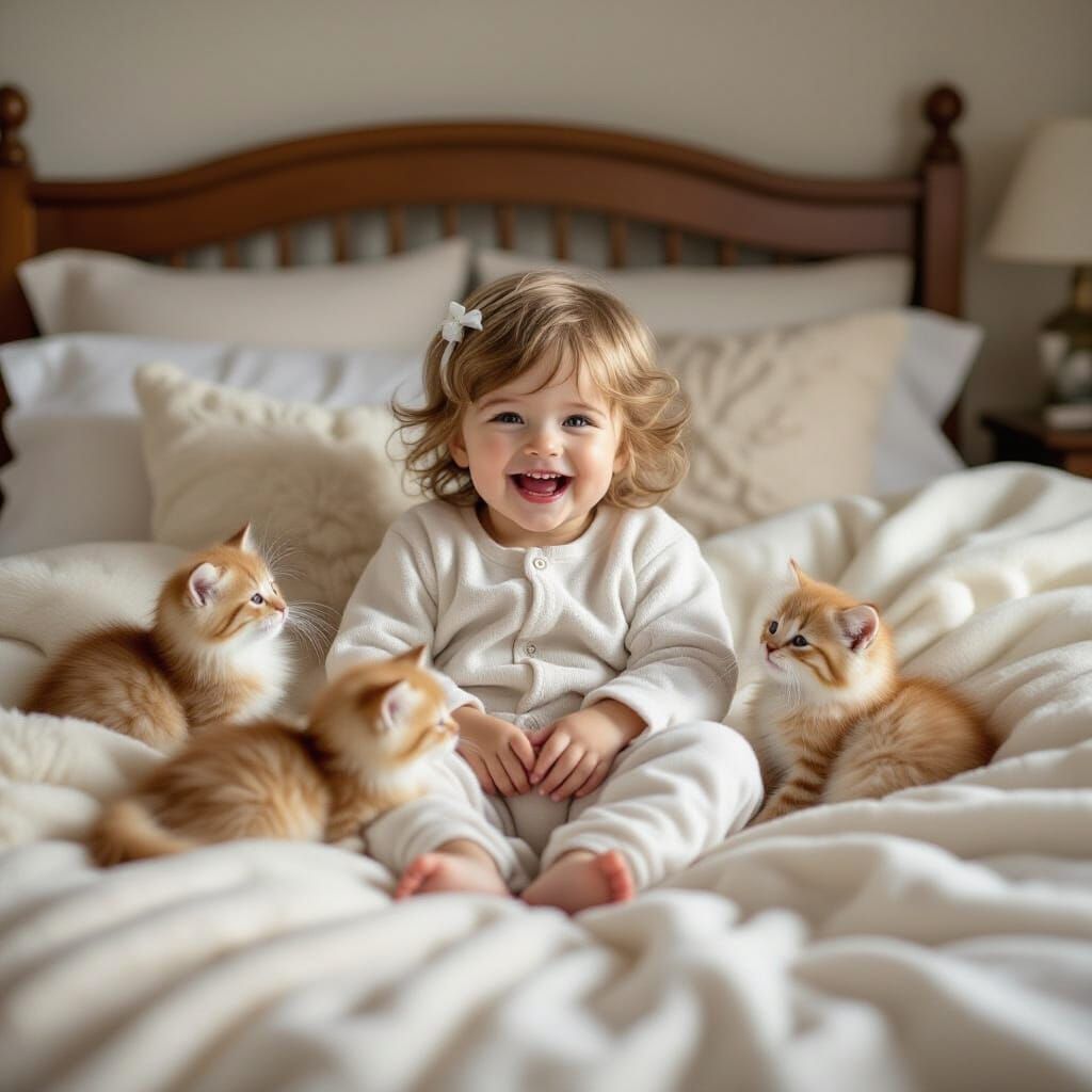 Child Playing with Kittens in Whimsical Style