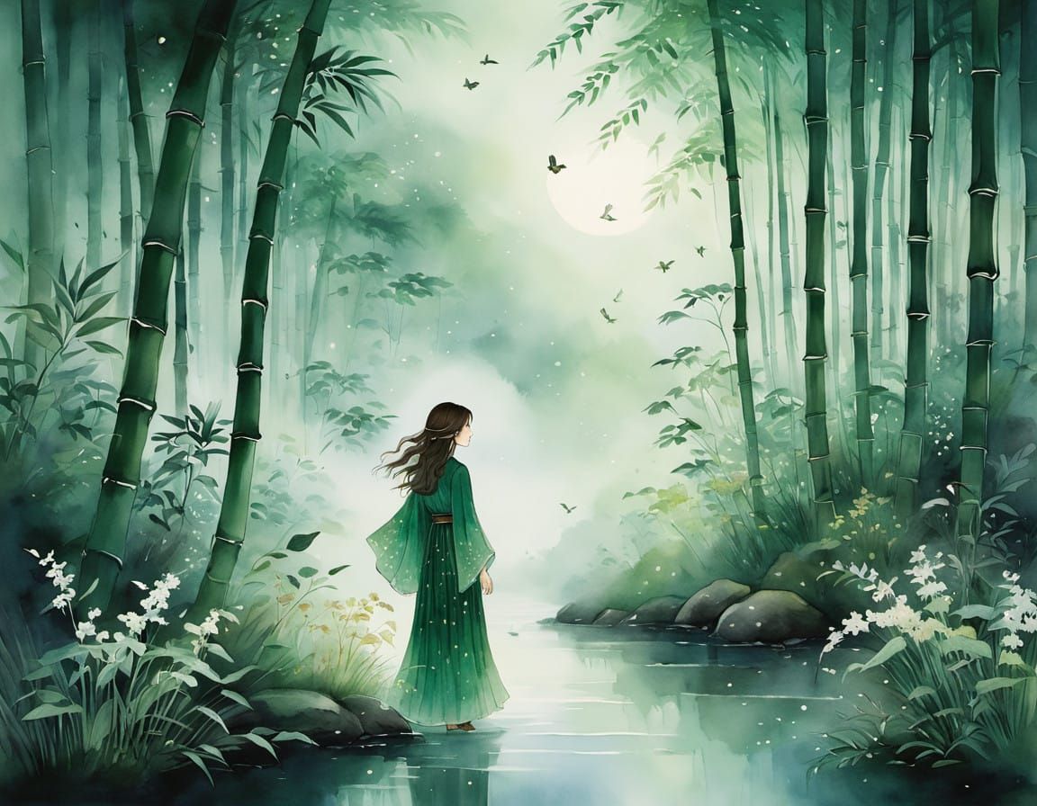 Dreamy Bamboo Forest Scene in Traditional Chinese Watercolor...