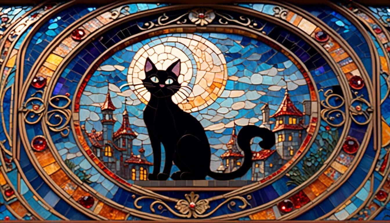 Stained Glass Cat on Roof: Mosaic Style