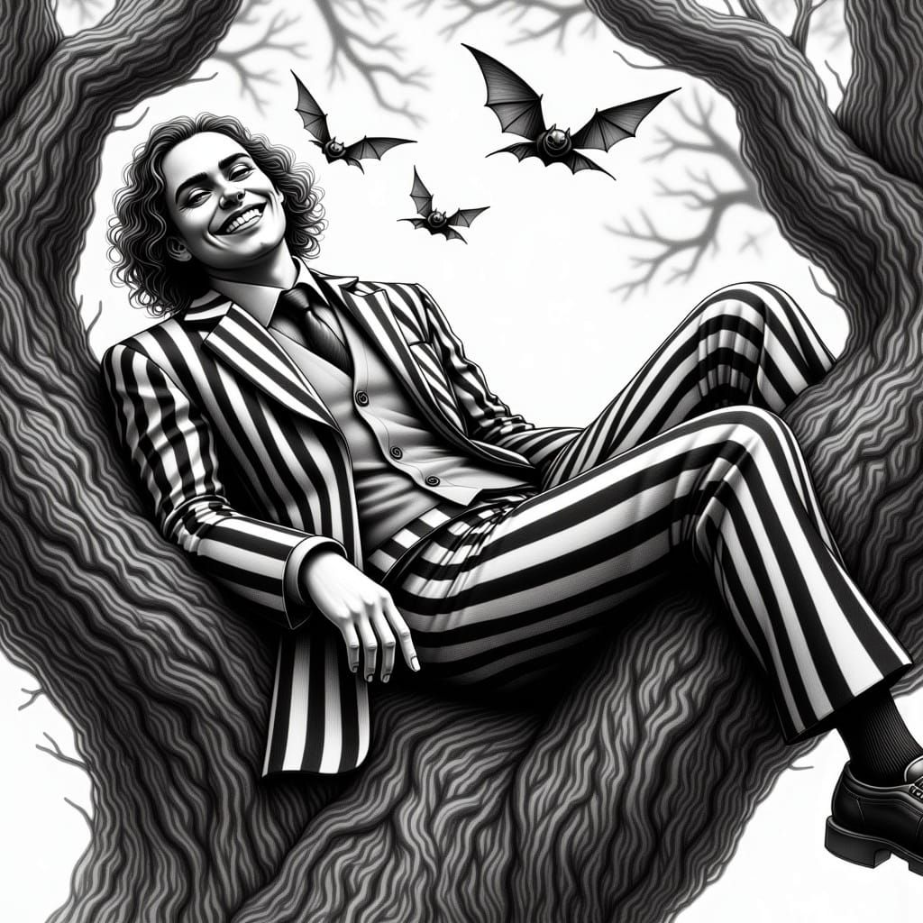 Beetlejuice Grinning in Striped Suit, Pencil Sketch