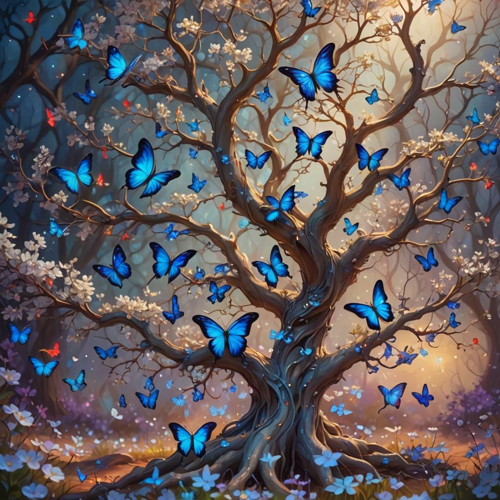 Ethereal Tree with Psychedelic Butterflies, Fantasy Landscap...