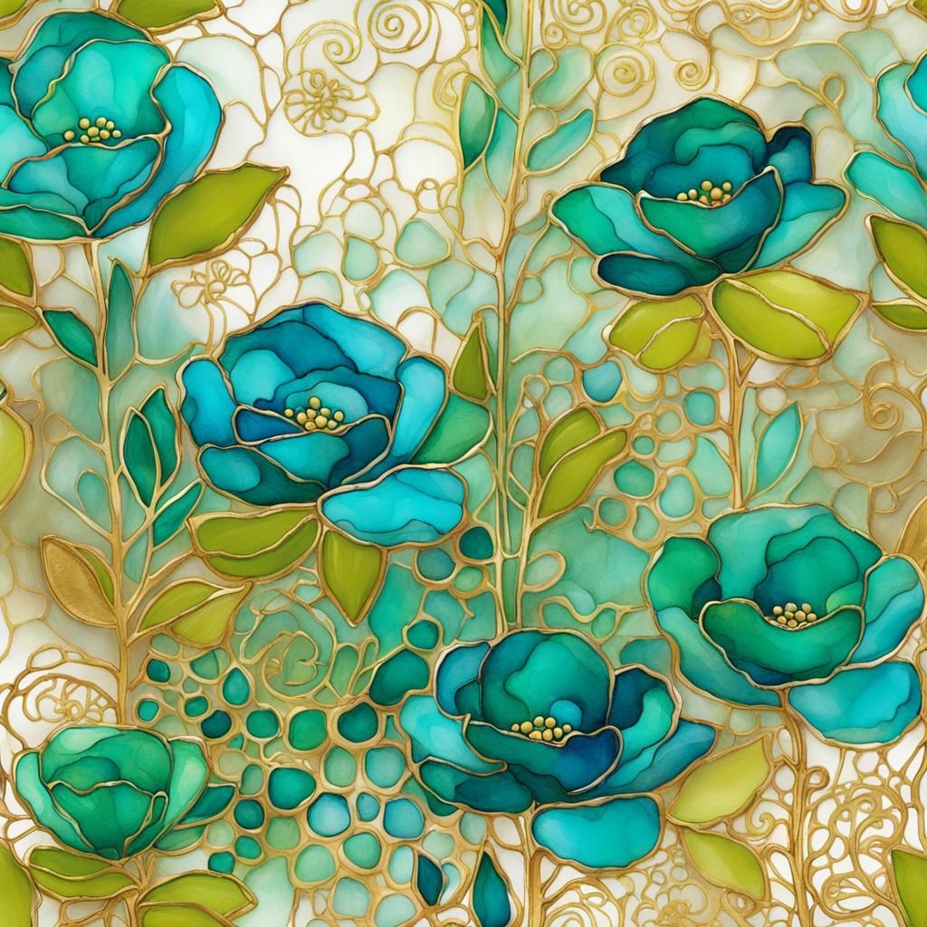 Teal Flowers in Gold Vase: Alcohol Ink Art