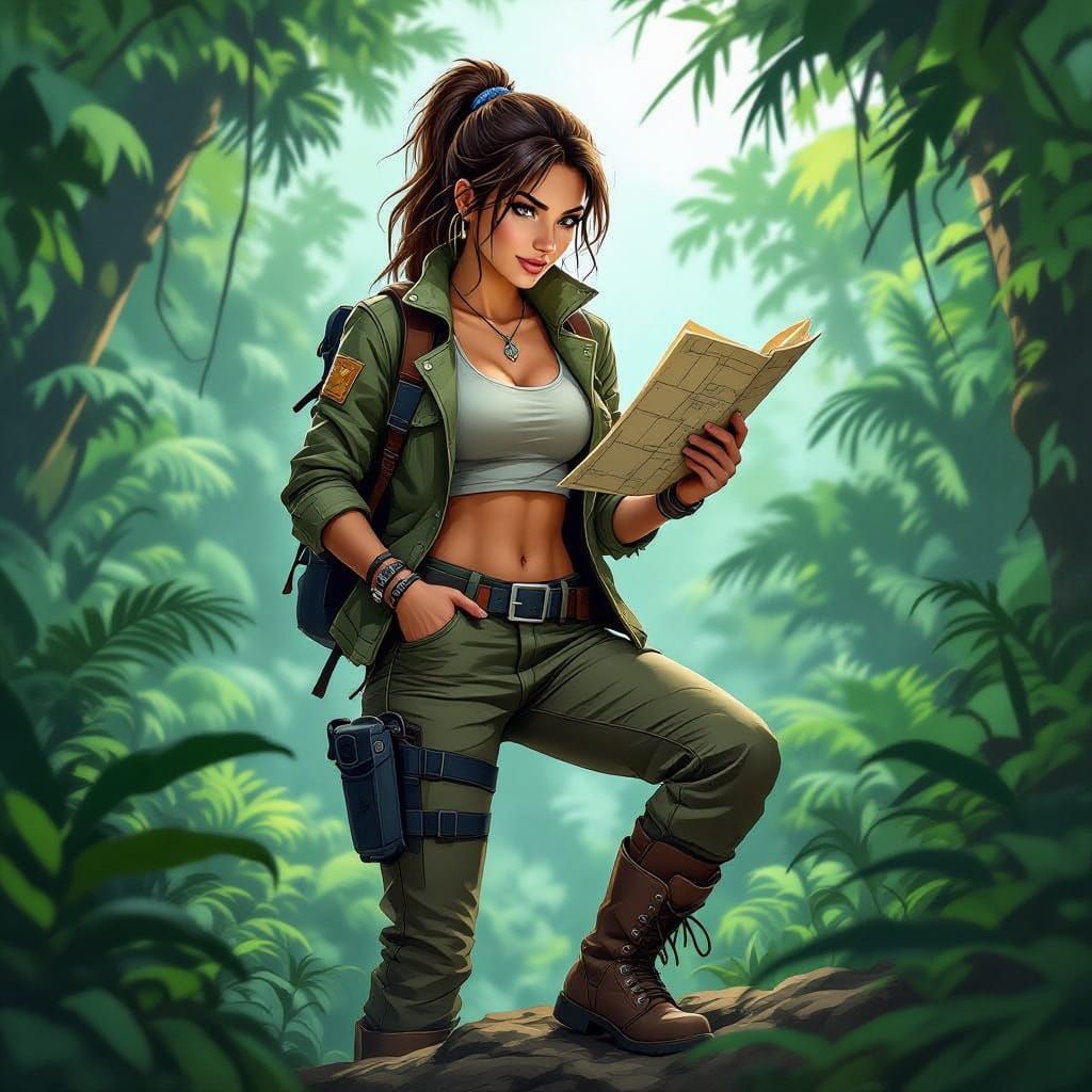 Adventurous Woman Navigating Tropical Rainforest