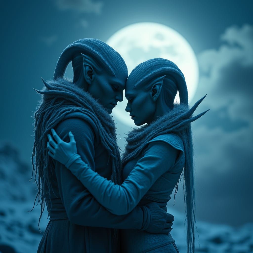 Alien Lovers Embrace in Frosty Moonlit Scene