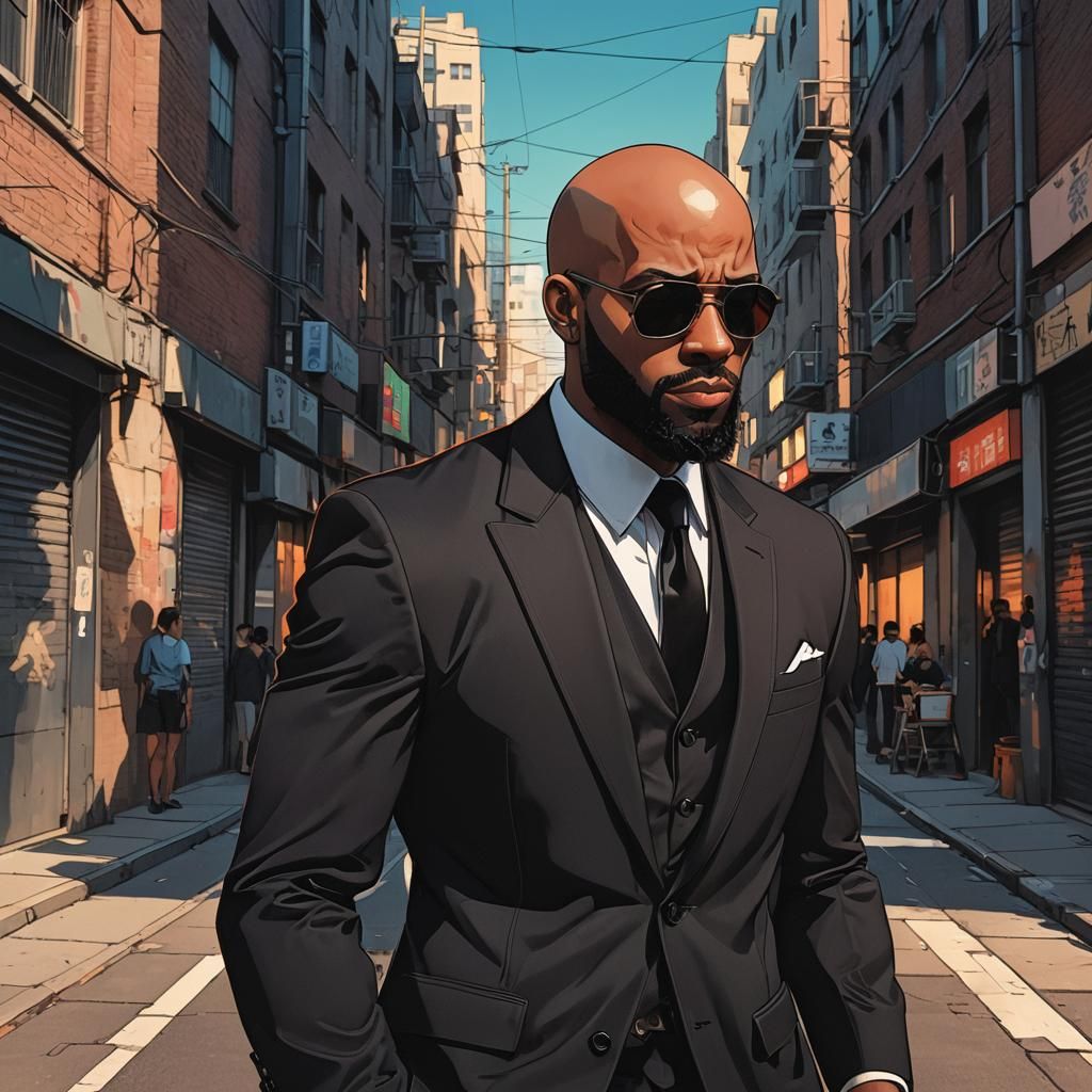 Anime Portrait of Black Man in City Alleyway