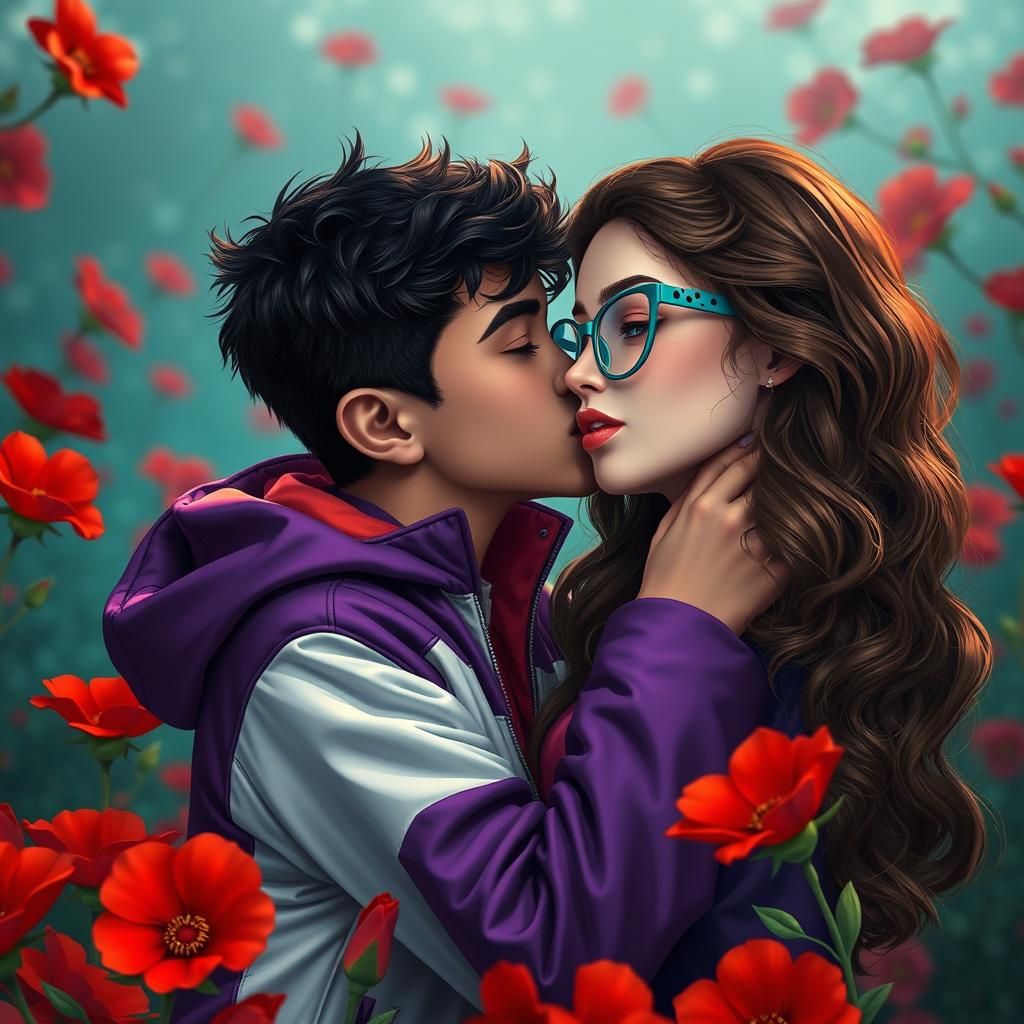 Passionate Kiss Amidst Red Flowers in Digital Painting Style