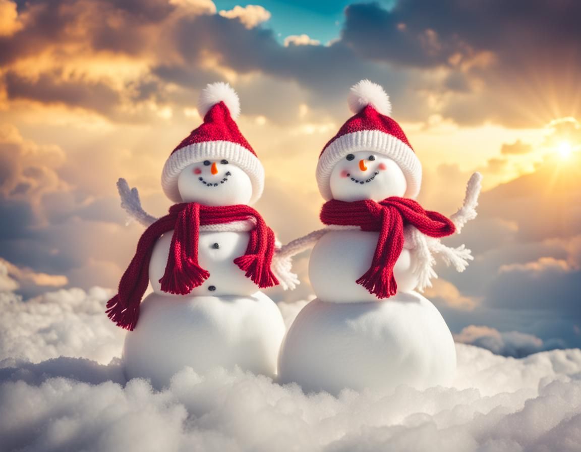 Heavenly Snowmen Celebrate Christmas in the Clouds