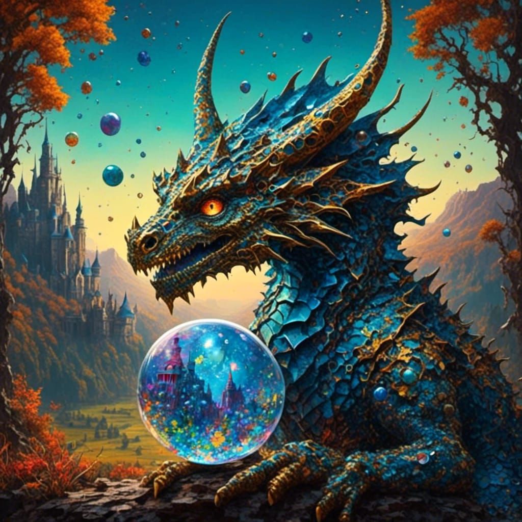 Iridescent Dragon Portrait with Castle Backdrop