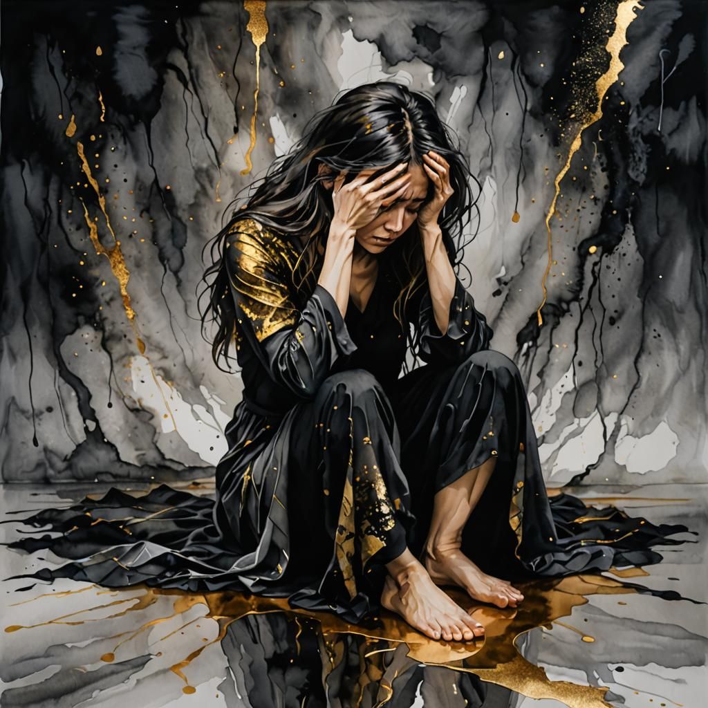 Woman in Despair: Alcohol-Ink Art Style