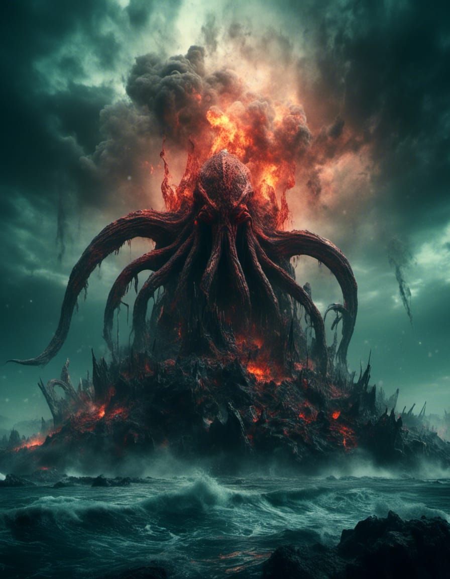 Epic Cthulhu Over Volcano and Ocean