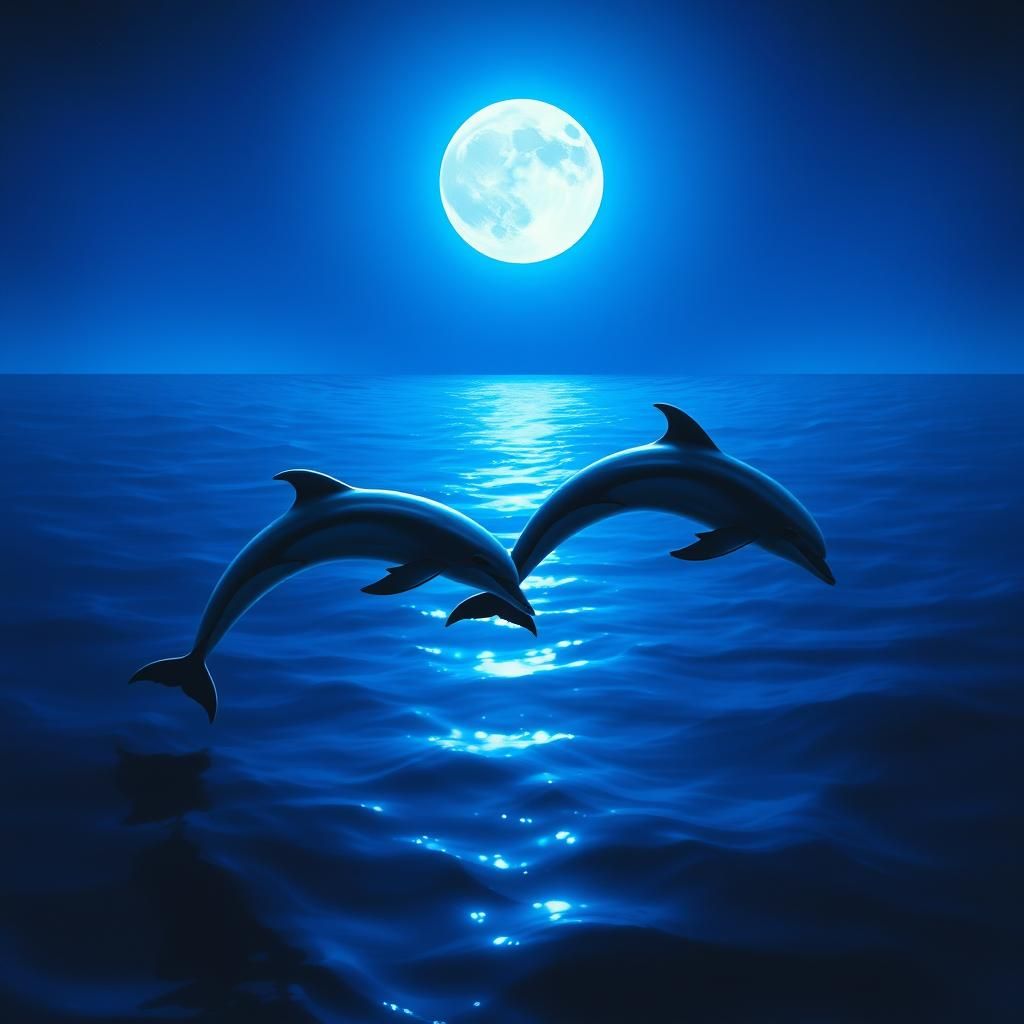 Dolphins Leap in Blue Moonlight: Magical Realism