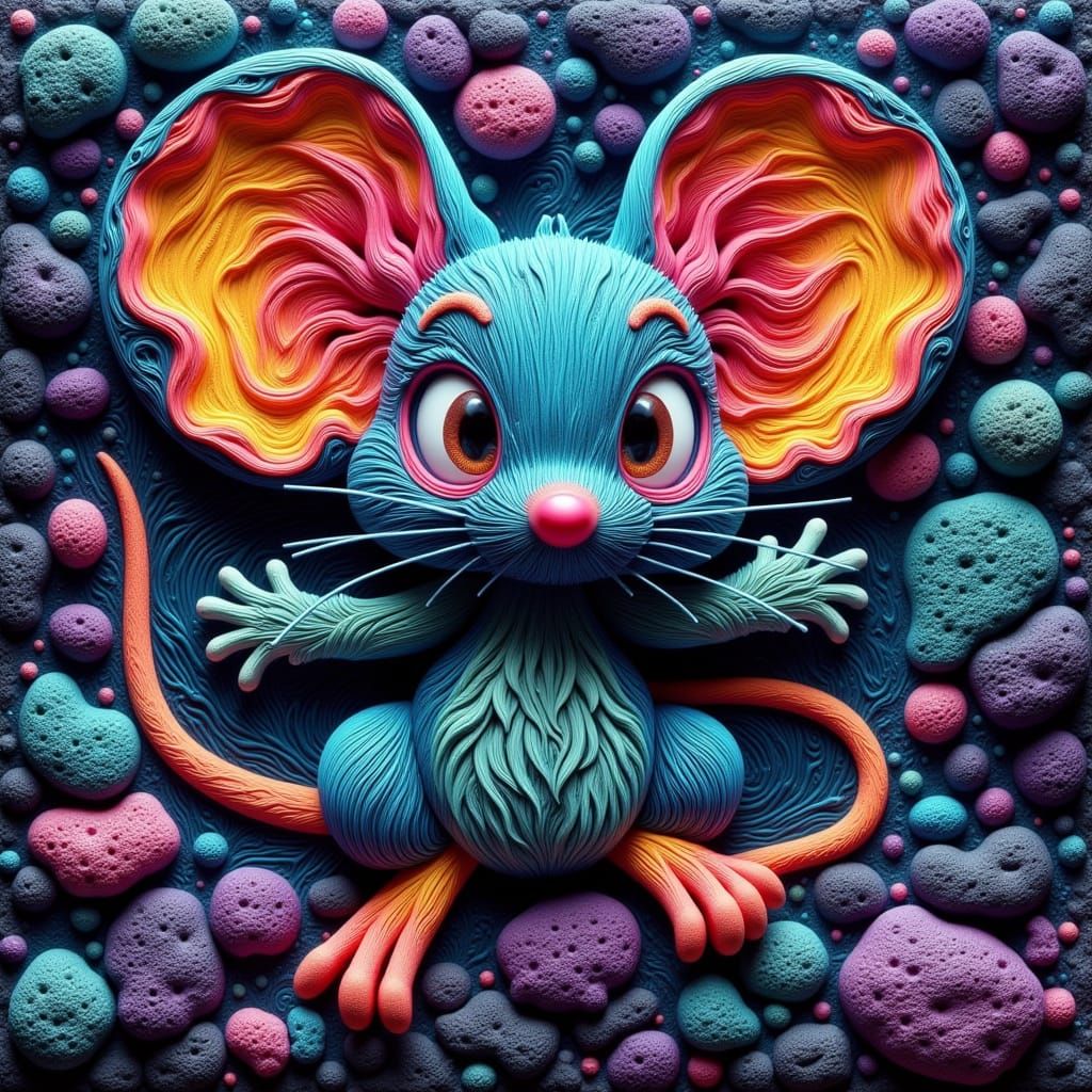 Whimsical Chibi Mouse Embossed on Plaster Background in Vibr...