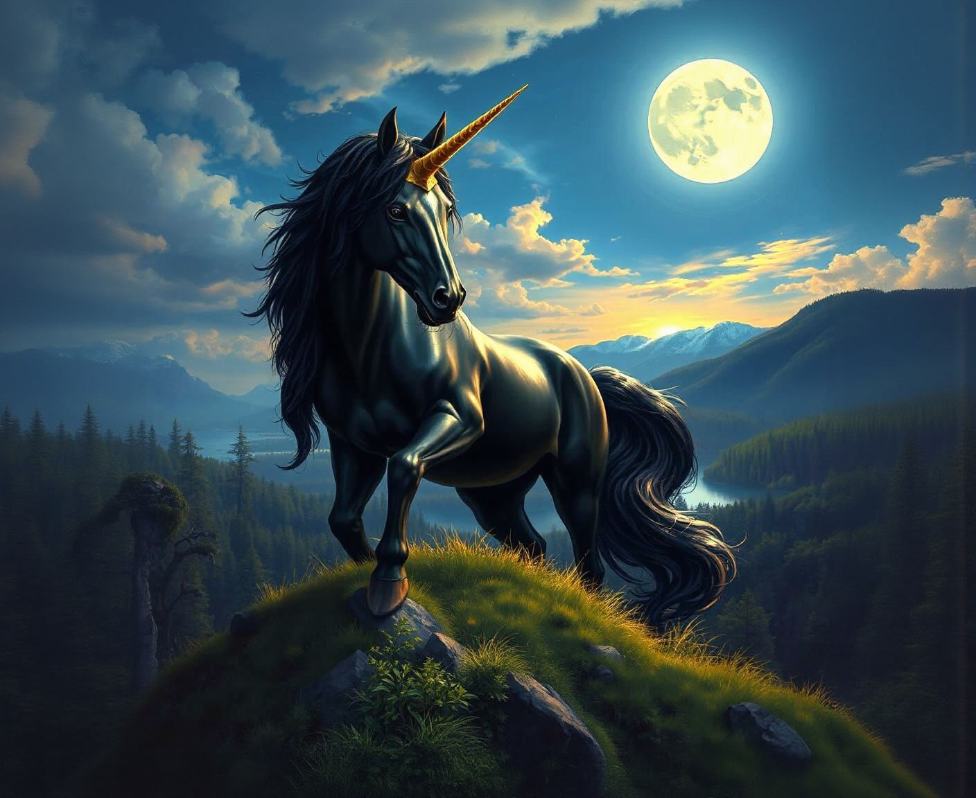 Black and Gold Unicorn on Hillside, Hyperrealistic Style