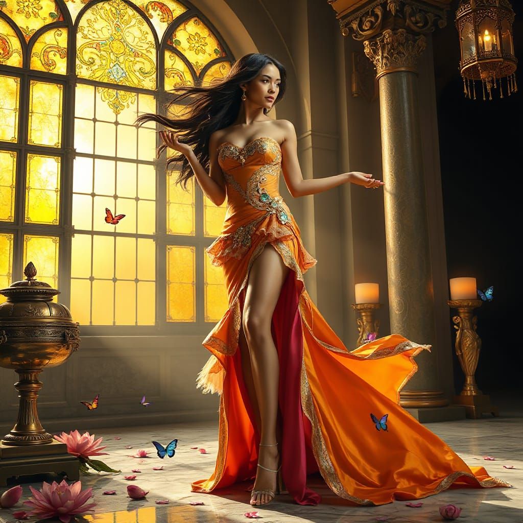 Elegant Latina Woman in Ethereal Chamber