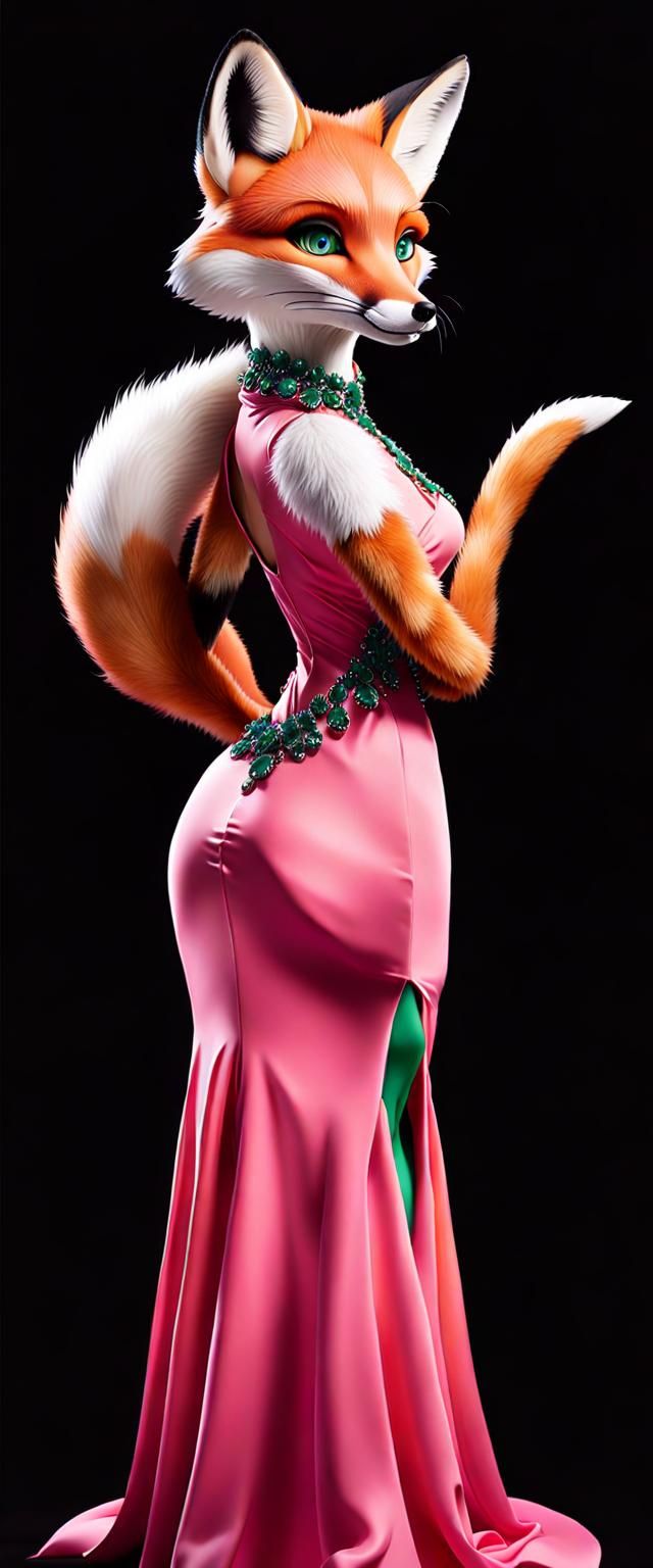An anthropomorphic fox Diane Foxington with green emerlad eyes in a prom pink gown without a tank and with her arms unco...