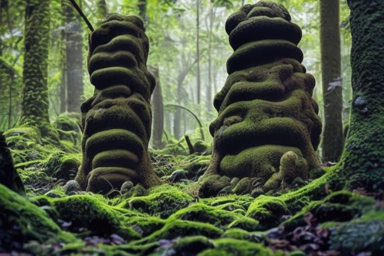 Giant Stone Heads in Jungle: Hyperrealistic Surrealism