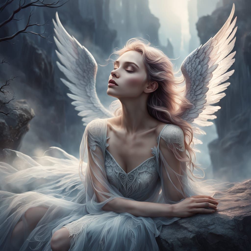Surreal Moonlit Angel with Shattered Wings in Ethereal Lands...