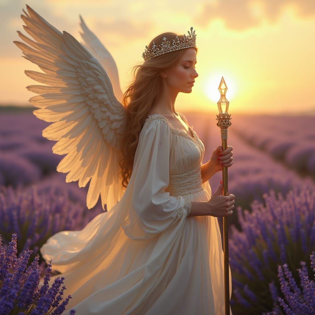Regal Angel in Lavender Field with Golden Hair and Shimmerin...
