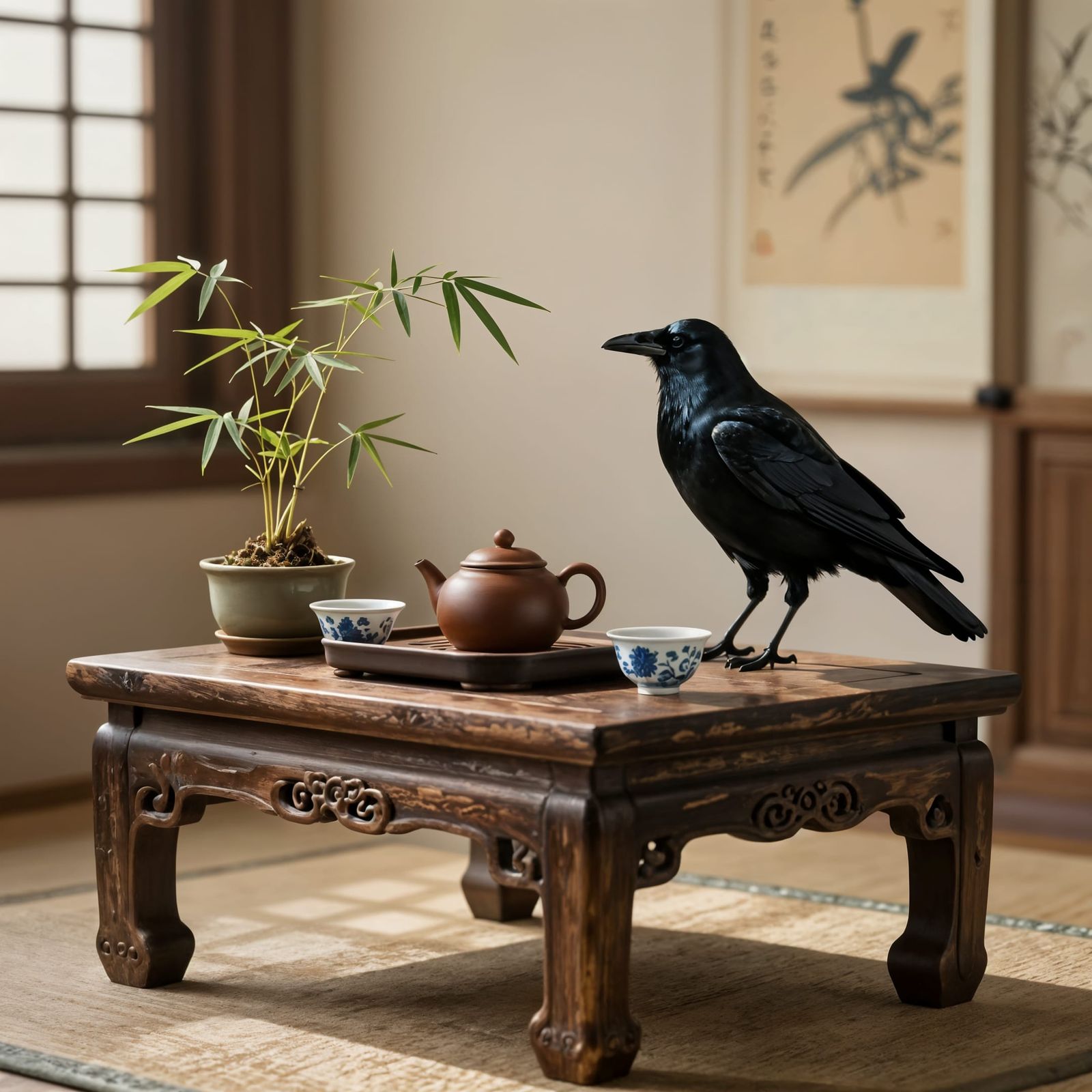 Serene Chinese Tea Ceremony with Raven