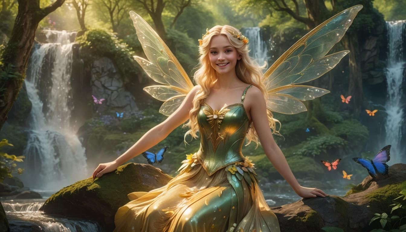 The fairy is in her favourite place for enjoying the waterfa...