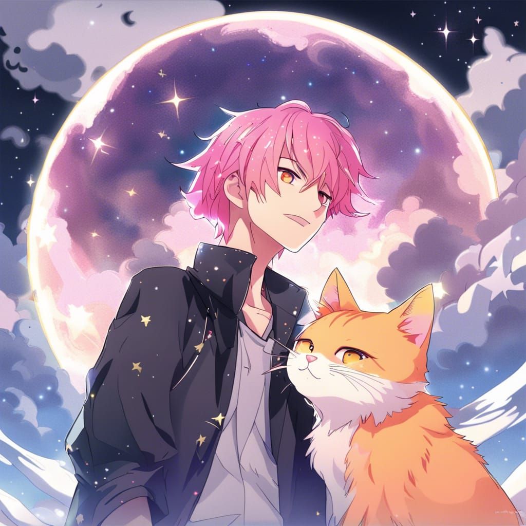 Anime Man with Cat Under Moonlit Sky