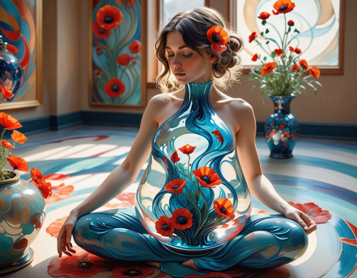 Girl Emerging from Moissanite Vase in Art Nouveau Style