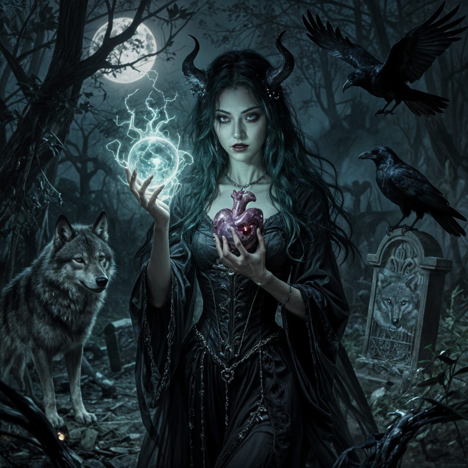 Gothic Asian Voodoo Practitioner in Graveyard