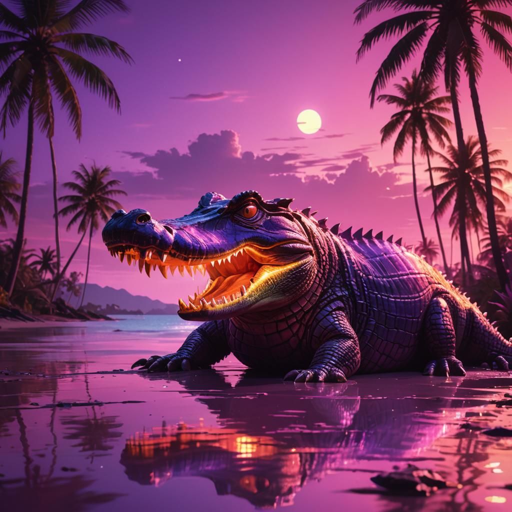 Neon Crocodile Sipping Coconut in Synthwave Sunset