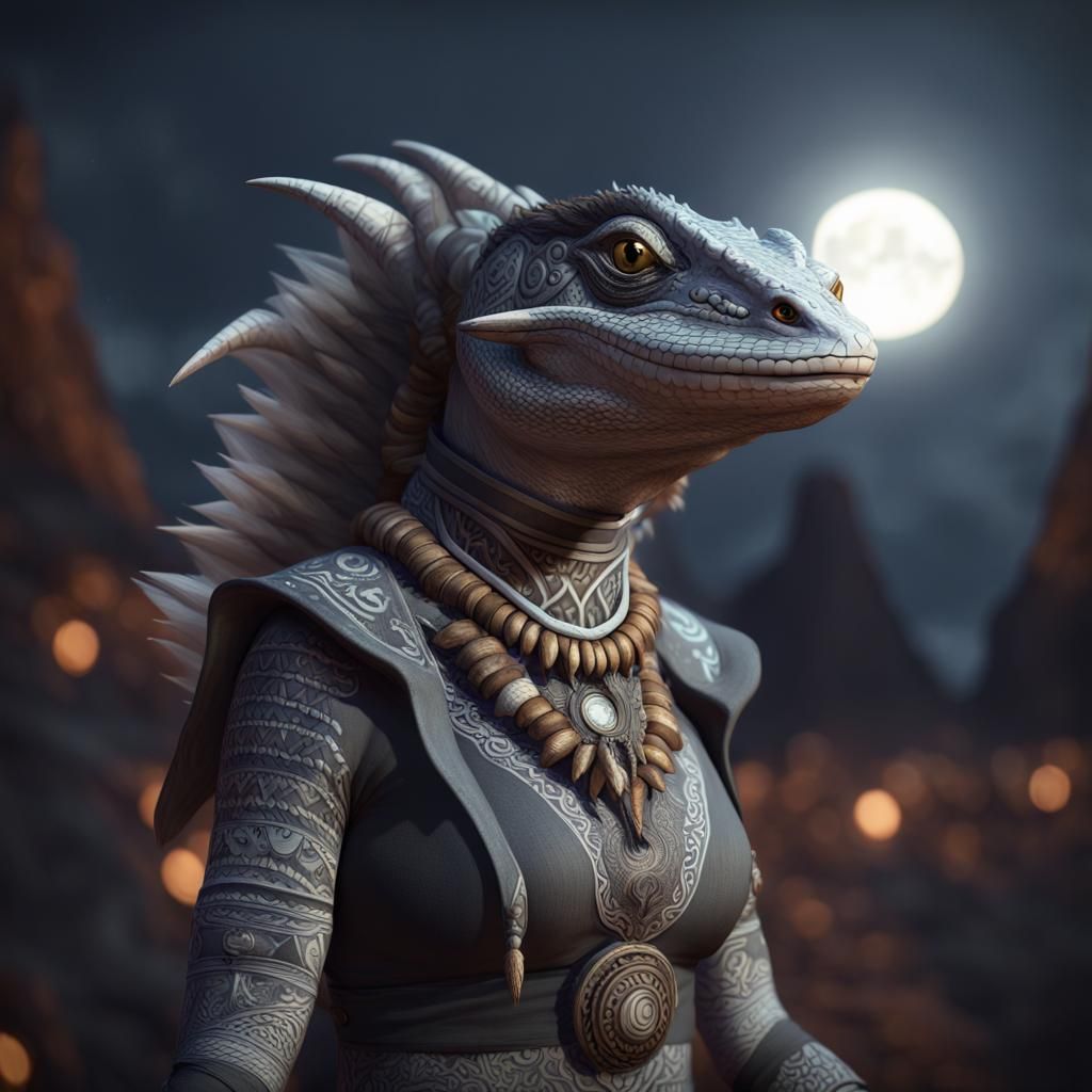 Argonian Lizard-Folk Casting Magic Under the Moon