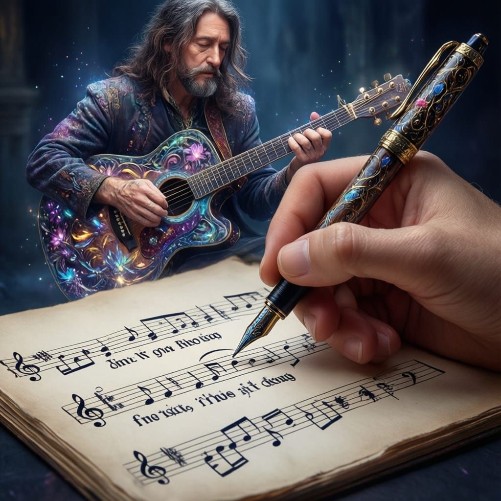 An enchanted pen writing song lyrics while an enchanted guitar plays by itself.