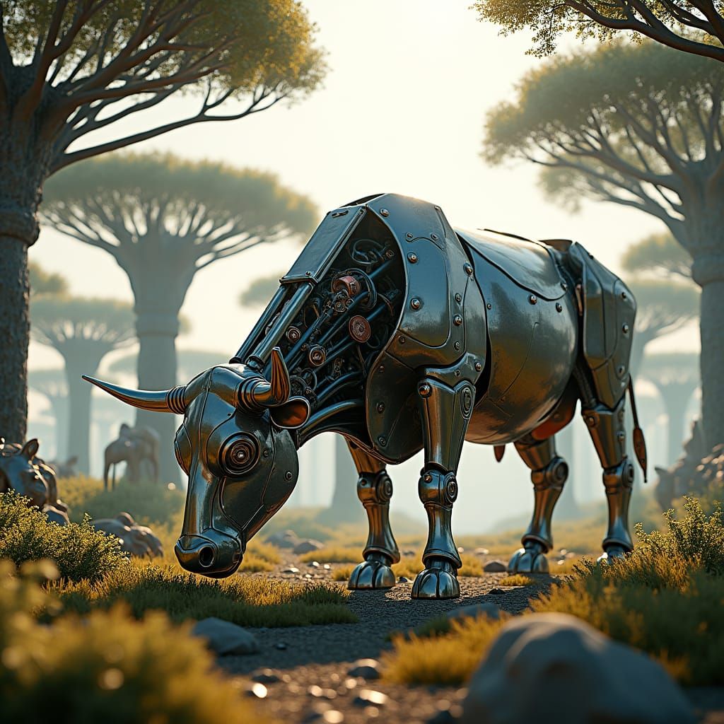 Colossal Metal Cow Grazing in a Metal Forest