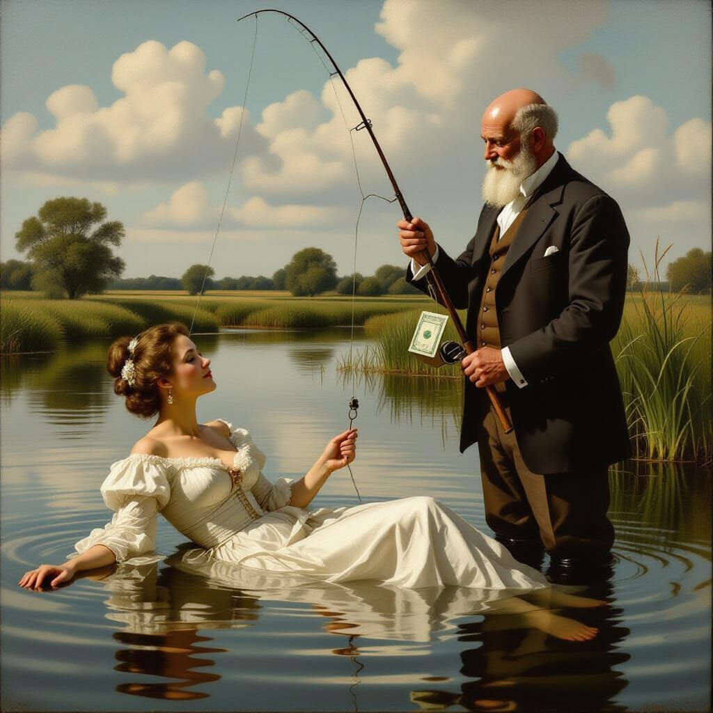 Woman with Money Lure in Lake, Rembrandt Style