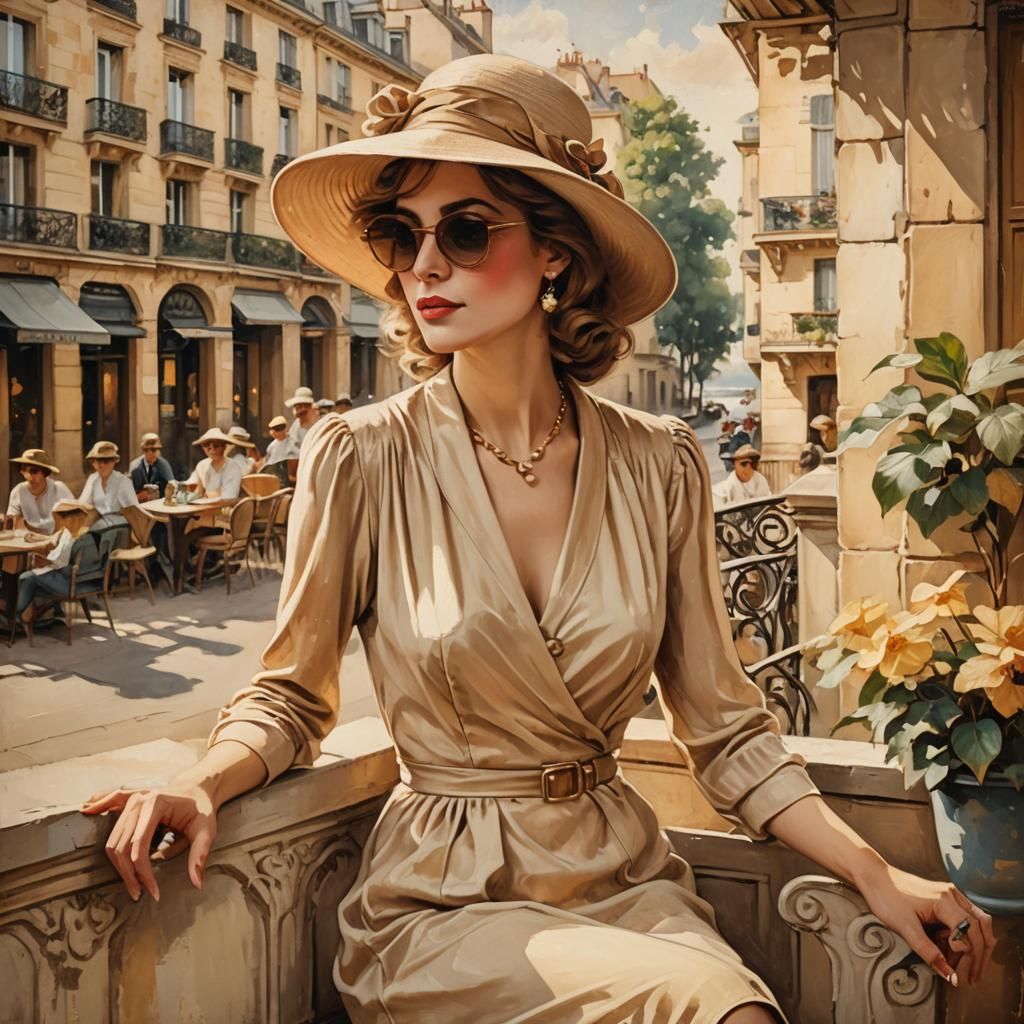 Elegant Woman on Parisian Terrace in Vintage Poster Art