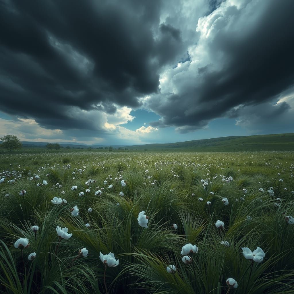 Surreal Landscape of Fluffy Grass and Dark Sky in Mystical S...
