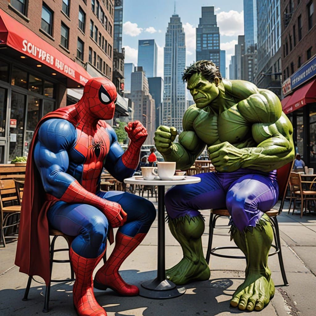 Superhero Duo Enjoy Morning Coffee Break in Vibrant Cityscap...