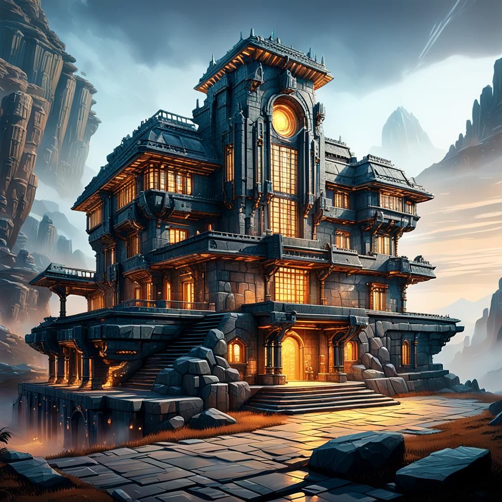 Futuristic Stone Villa in Misty Landscape