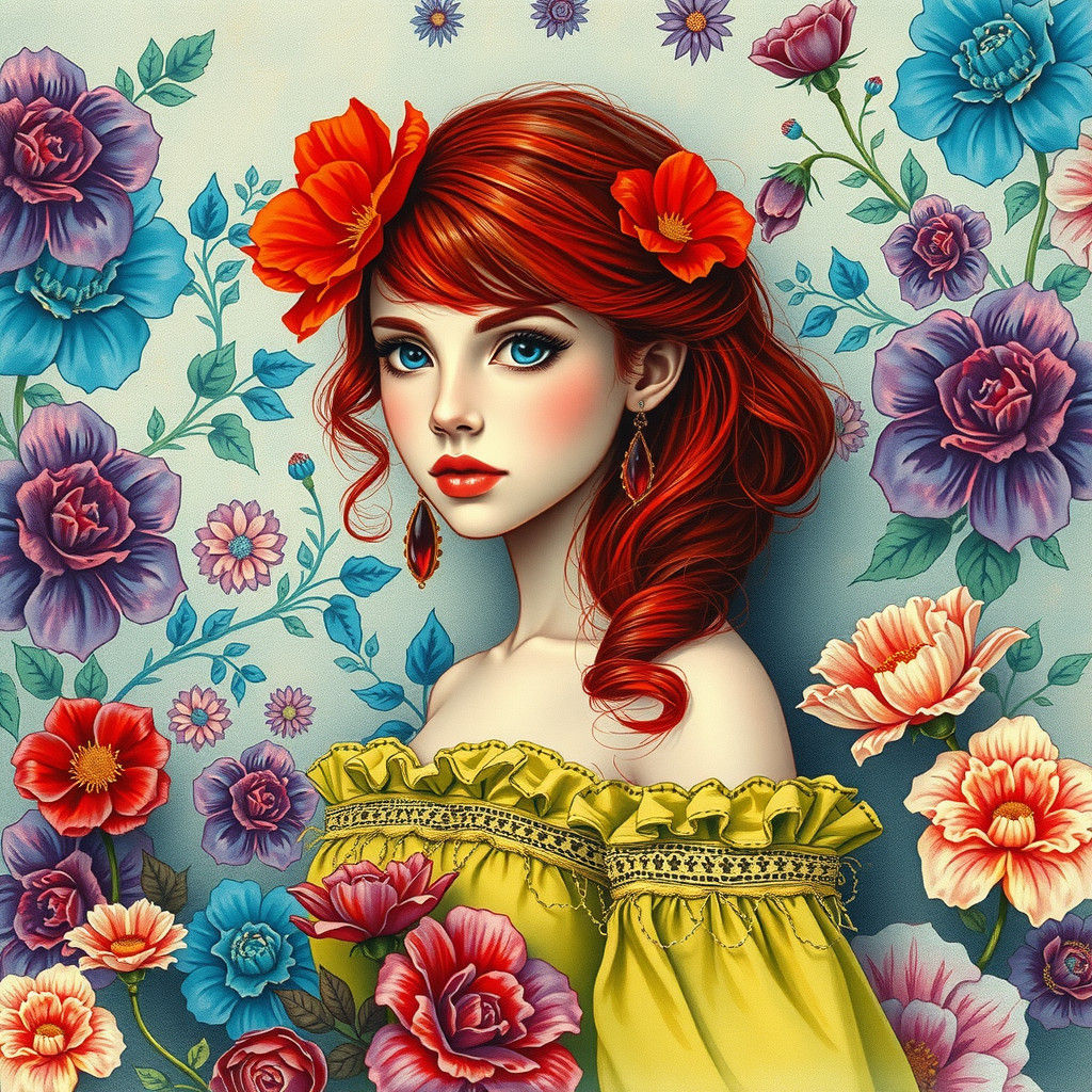 Red-Haired Woman in Floral Setting, Vintage Watercolor
