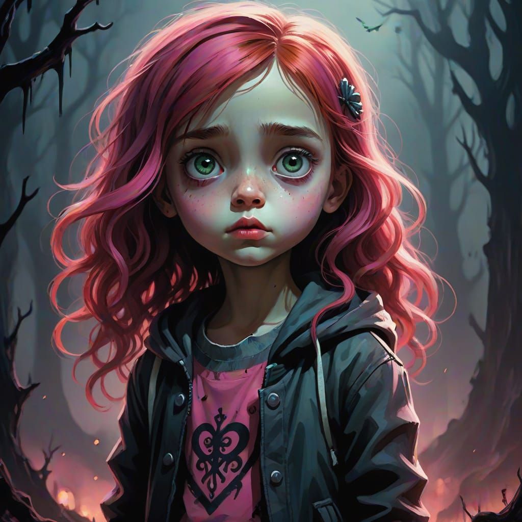 Mysterious Red-Haired Child in Dark Whimsy Style