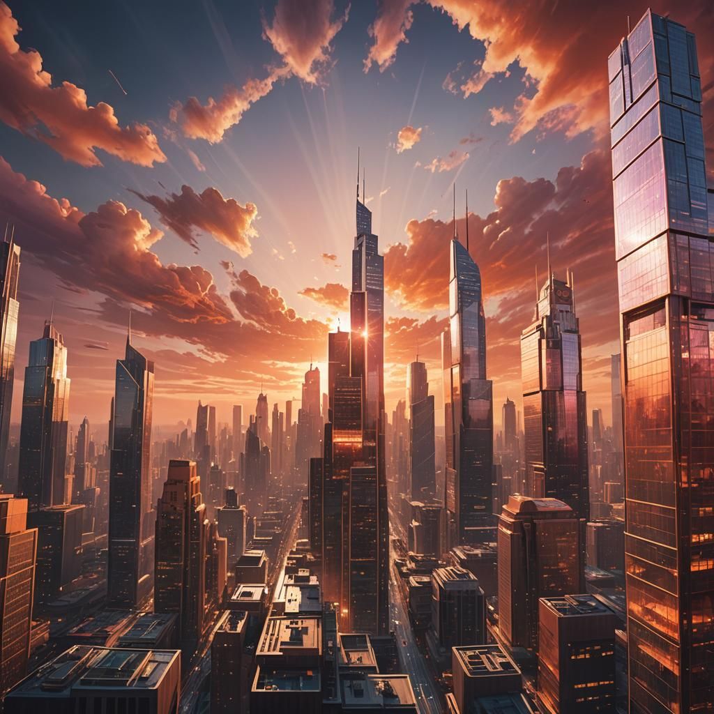 Vibrant Cityscape Reflecting Sunset in Matte Painting Style