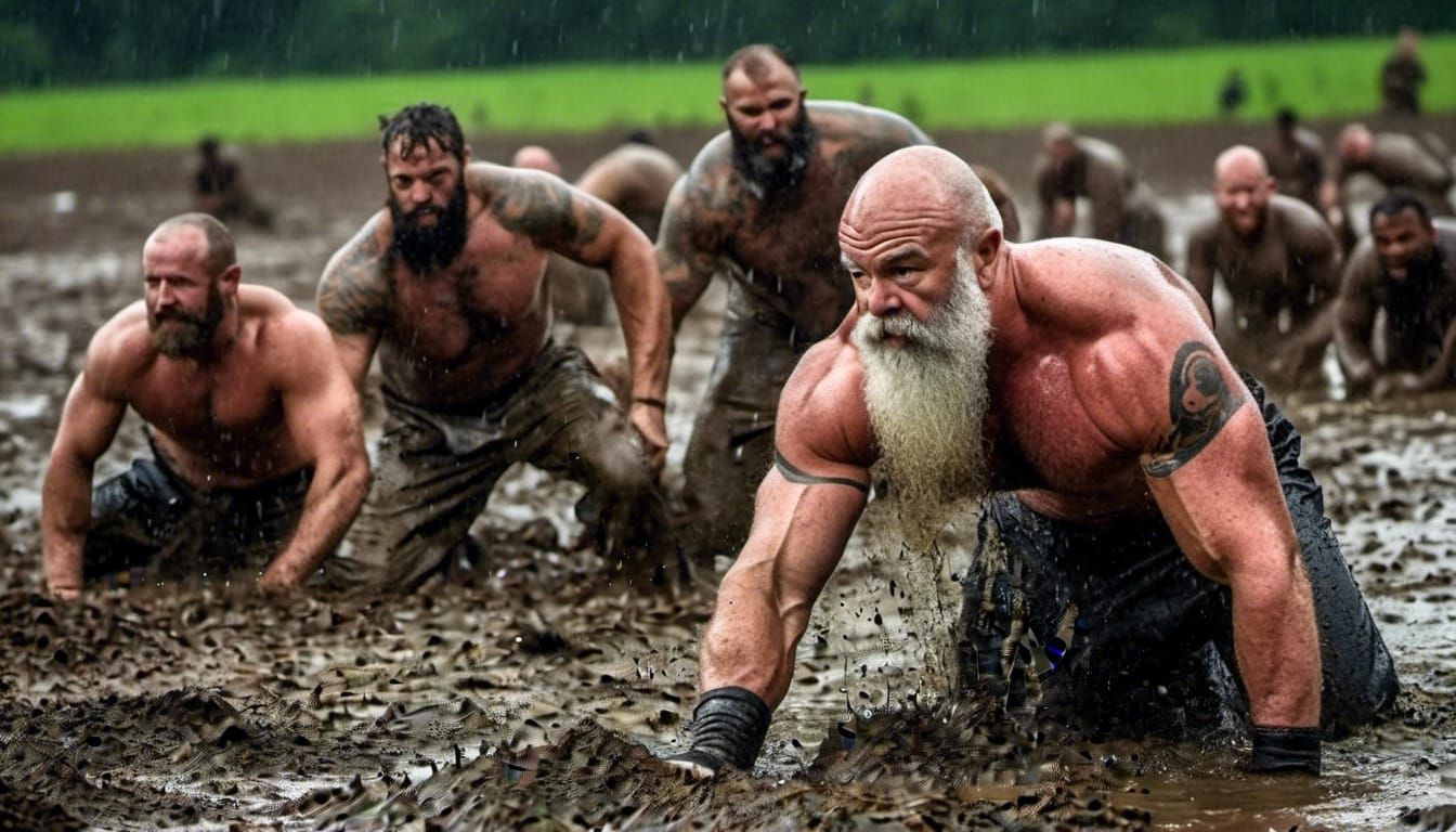 Muddy Barefoot Man Working in Rainy Field