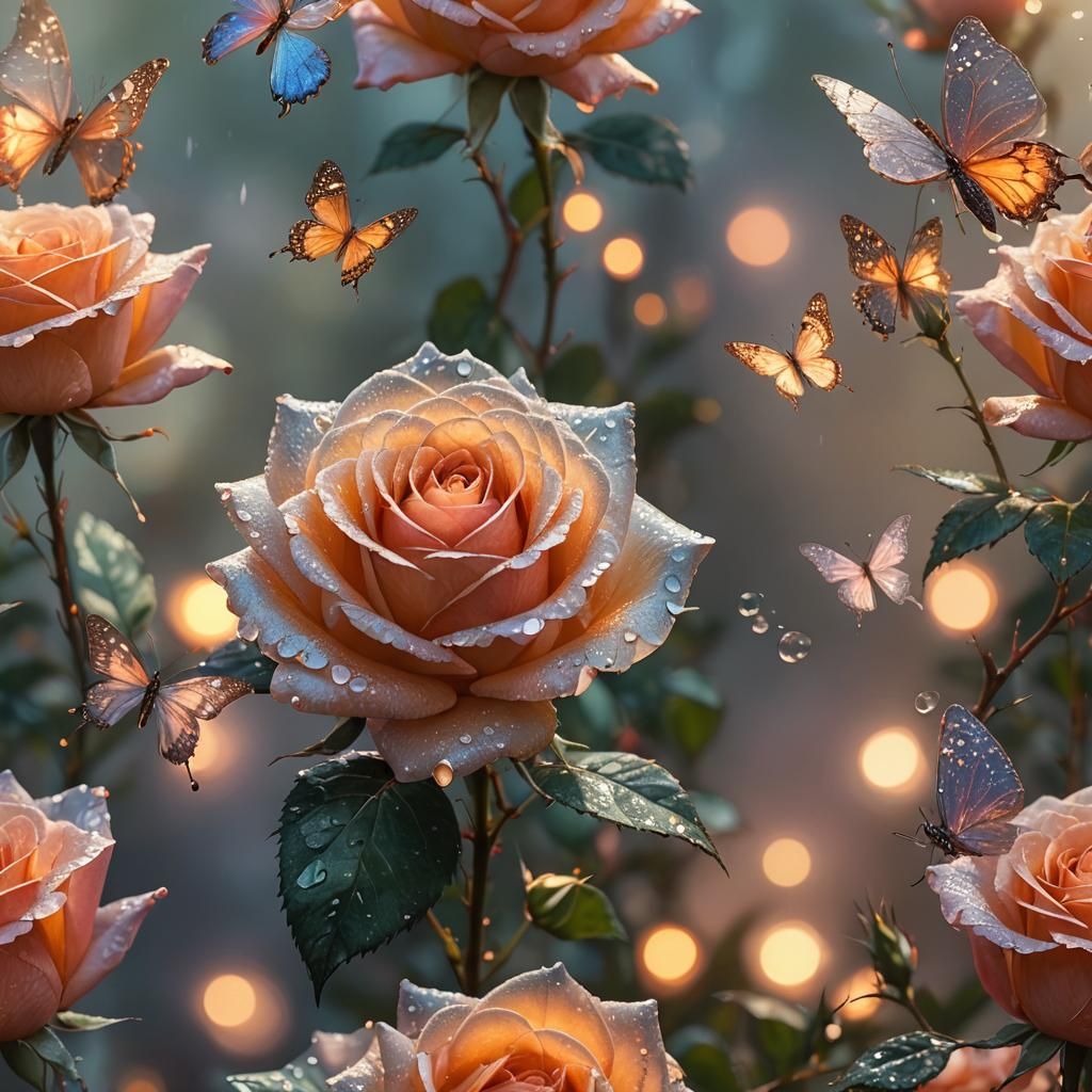 Dew-Covered Rose with Butterfly in Hyperrealism