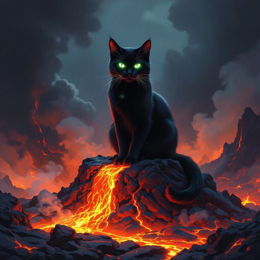 Regal Black Cat on Molten Lava in Volcanic Caldera