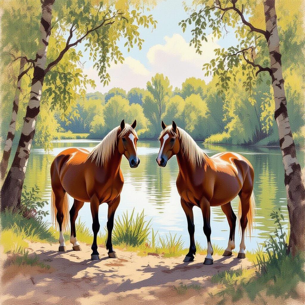 Palomino Horses at Serene Lake in Impressionist Style