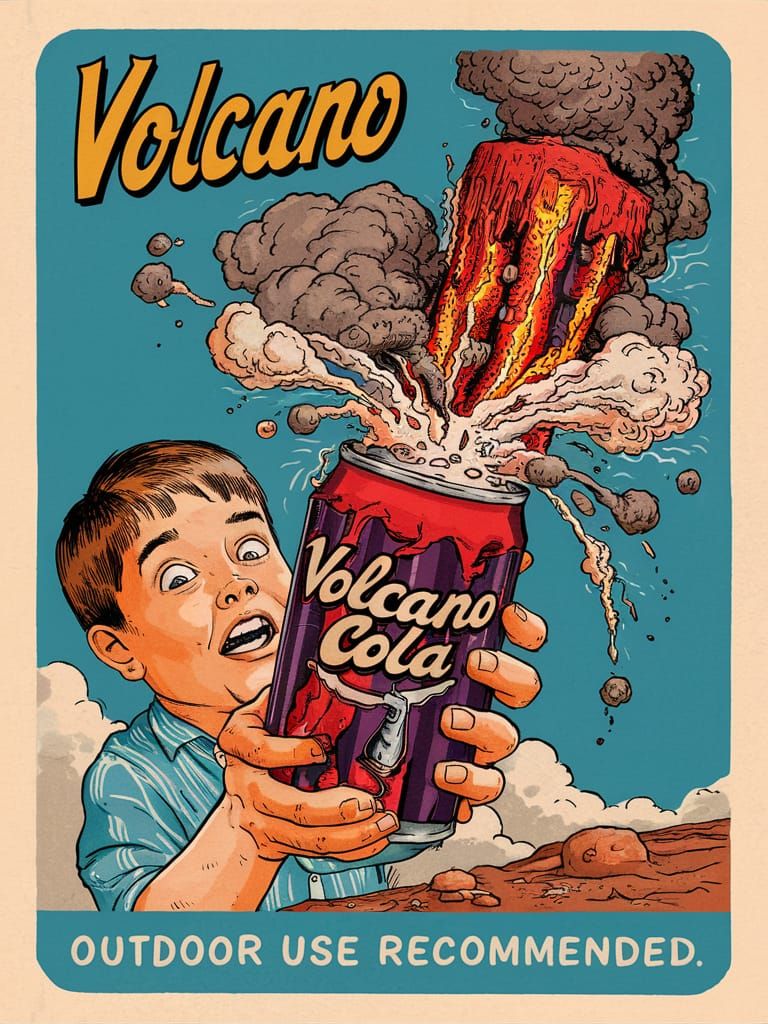 Volcano Cola Eruption: Vintage Wacky Pack Style