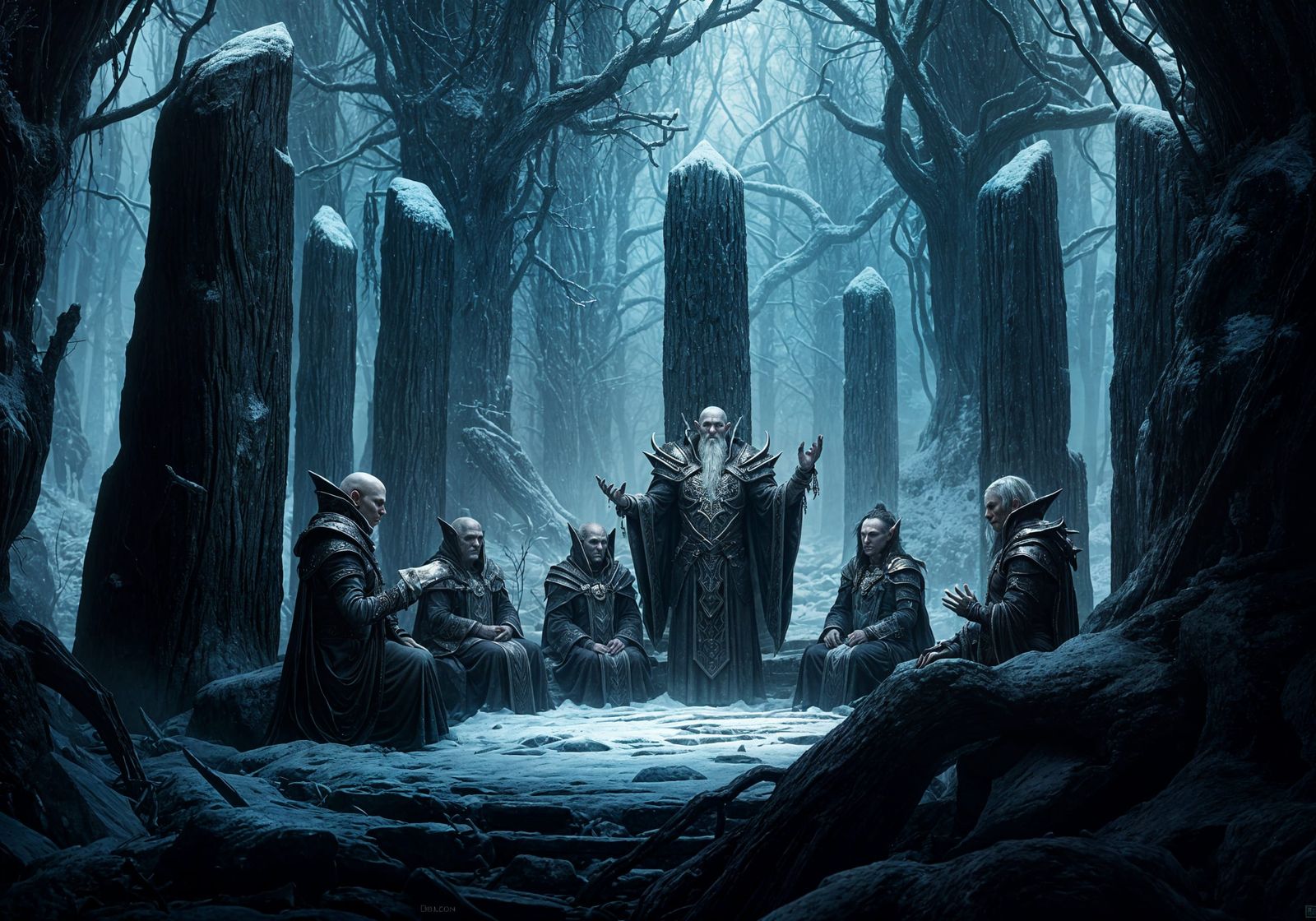 Elder Elves Convene in a Realm of Ancient, Frost-Touched Maj...