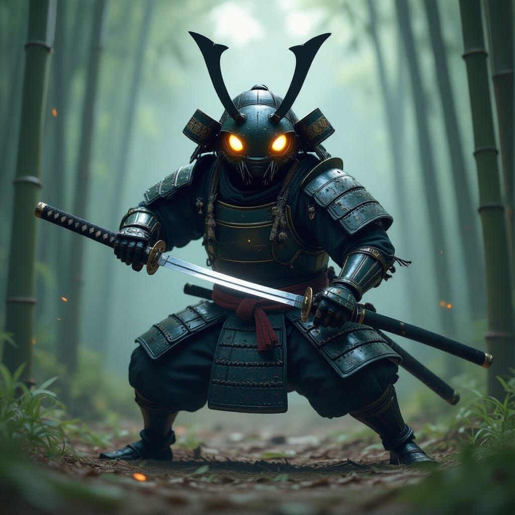 Beetle Samurai in Bioluminescent Bamboo Forest