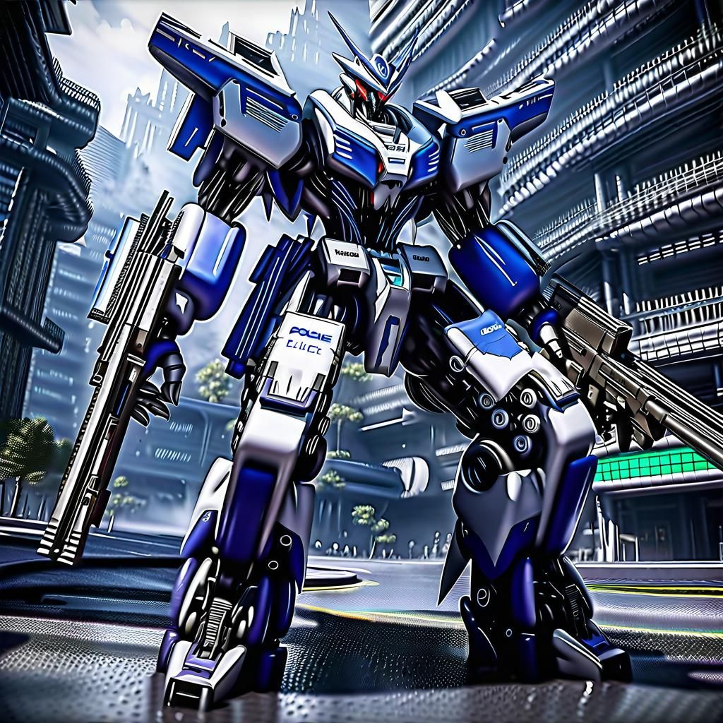 Futuristic Police Mech with Guns in Sci-Fi City