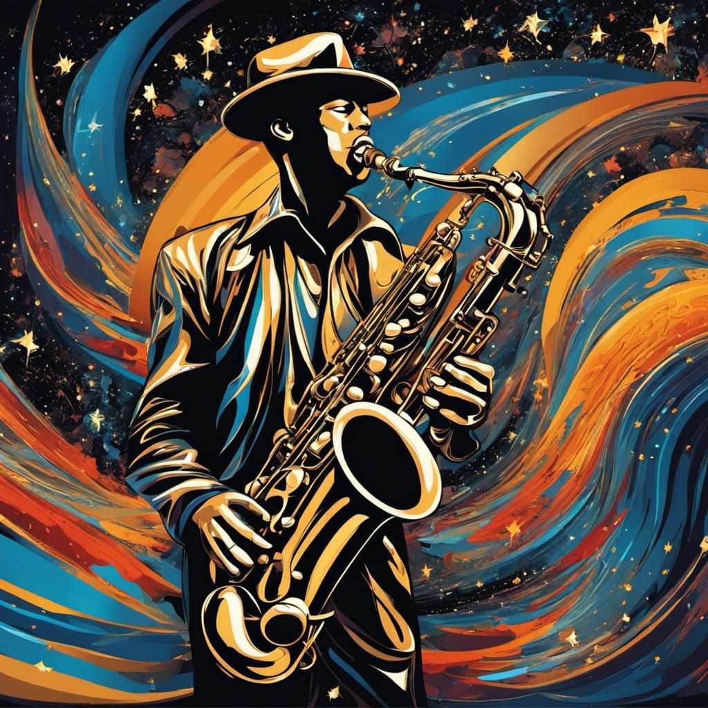 Saxophone Player in Starry Universe, Expressionist Art