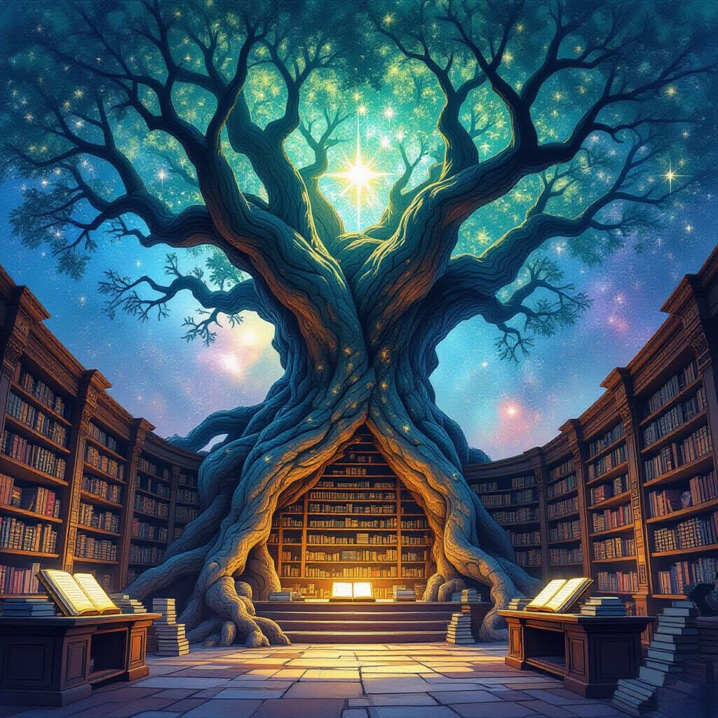 Ancient Library in Petrified Tree Under Nebula Sky